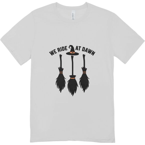 We Ride At Dawn Witch Brooms Halloween Graphic T-shirt | Hanes Softstyle Unisex - Picture 1 of 1